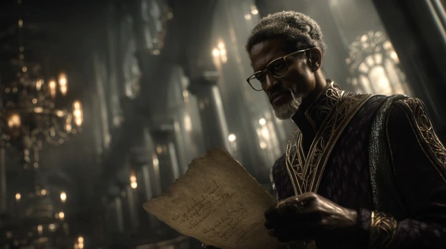 Elder Scholar in Magical Library Dark Fantasy Scene