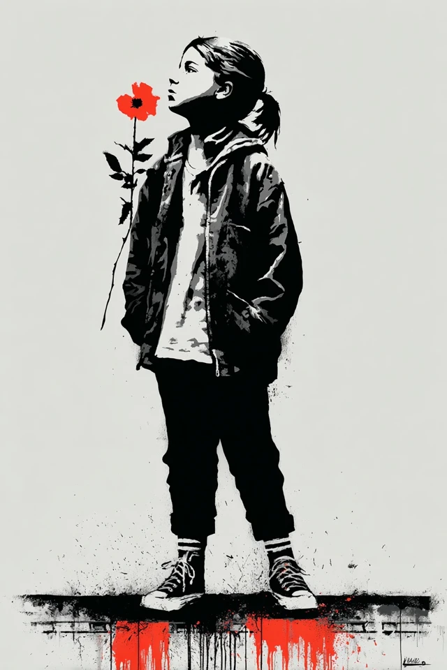Banksy Inspired Girl with Red Flower Art