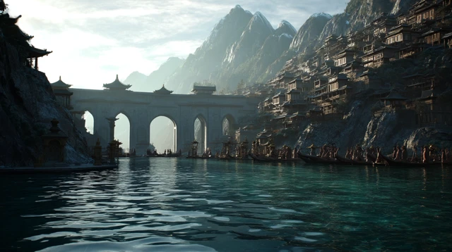 Qin Dynasty Fantasy Scene with Mountains and Lake