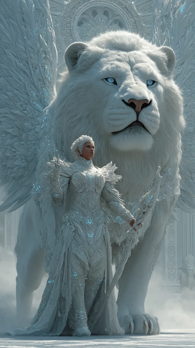 Frost Angel with Ice Armor and Lion in Frozen Palace