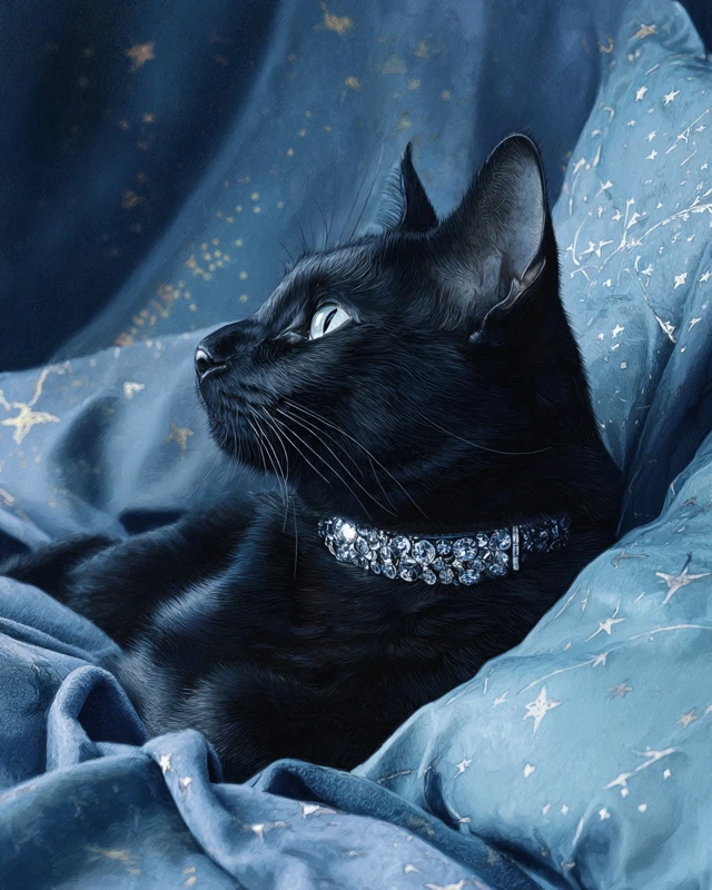 Black Cat Diamond Collar Blue Velvet Stars