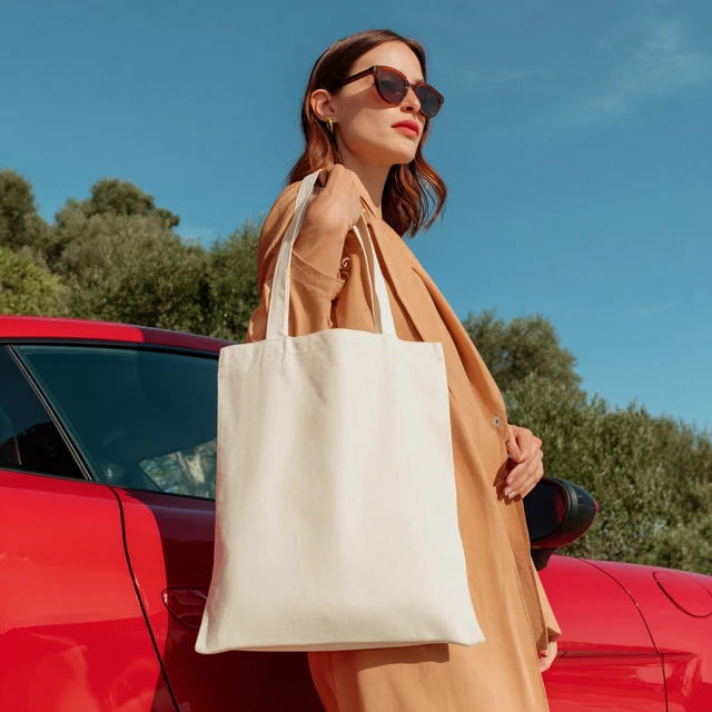 Stylish Woman with Tote Bag by Red Sports Car