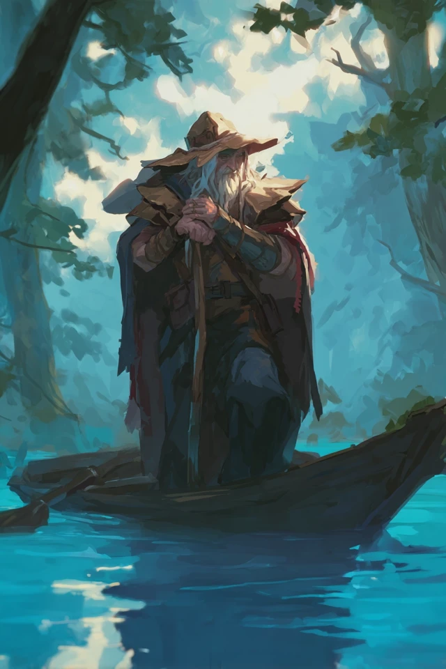 Grizzled Fisherman on Misty Lake Fantasy Art