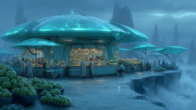 Futuristic Street Market Floating in the Clouds