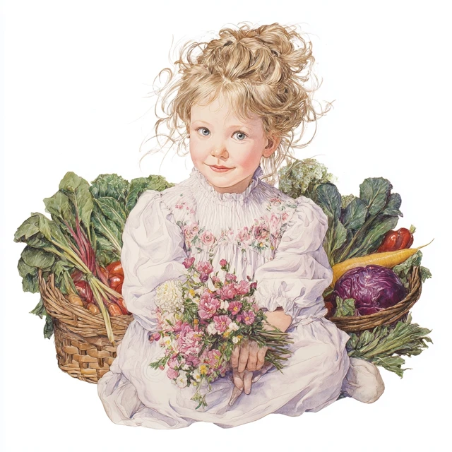 Charming Girl with Flowers and Vegetables Illustration