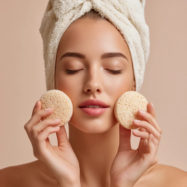 Skincare Routine: Woman Applying Cream with Sponges