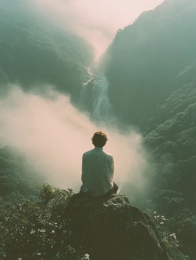 Man on Mountain Peak Forest and Waterfall View