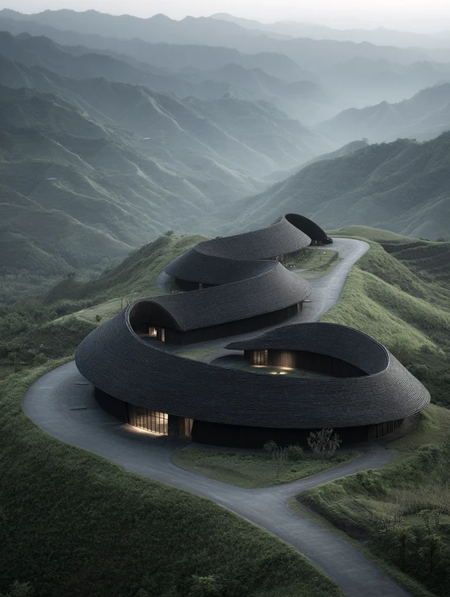 Countryside Museum Minimalist Design Hills Golden Hour
