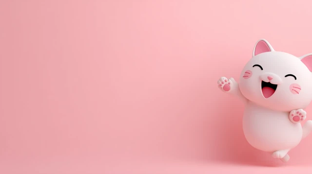 Cute 3D Cartoon Cat Waving Hello Pastel Pink Background