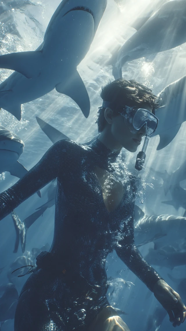 Woman Snorkeling with Sharks Underwater Adventure