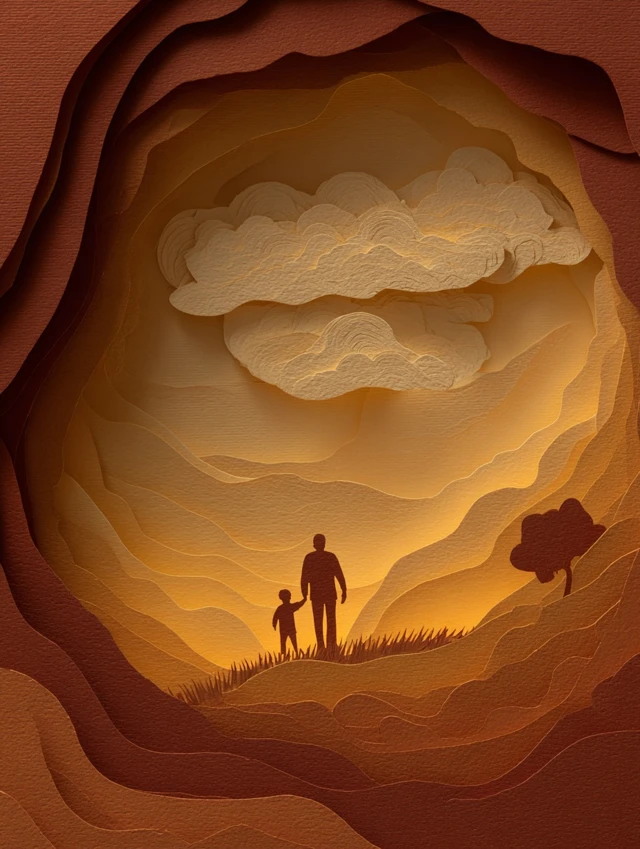 Paper Cut Art Father and Child Elegant Vignette