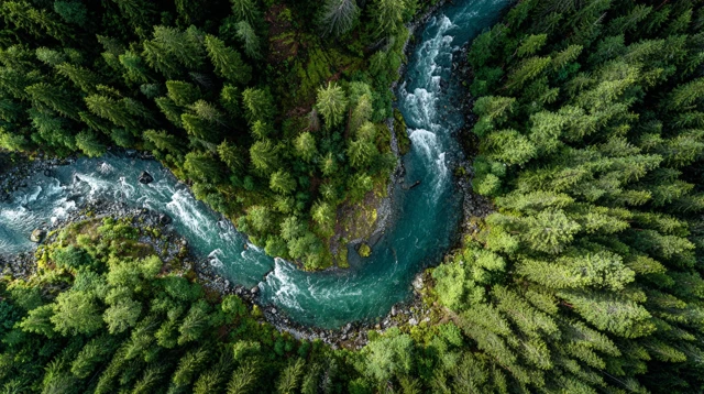 Forest River Aerial View Nature Landscape Scenery