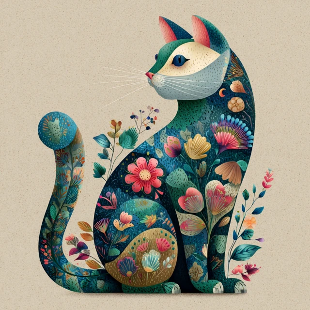Folk Art Cat Illustration Colorful Floral Design