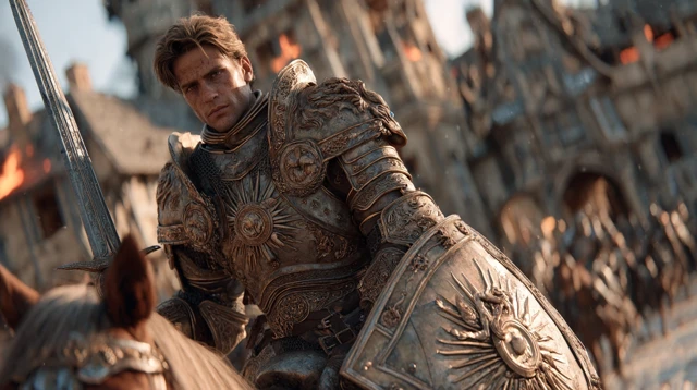 Heroic Knight In Golden Armor Burning Village