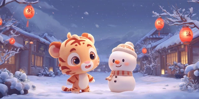 Cute Tiger and Snowman in Winter Wonderland 3D Cartoon
