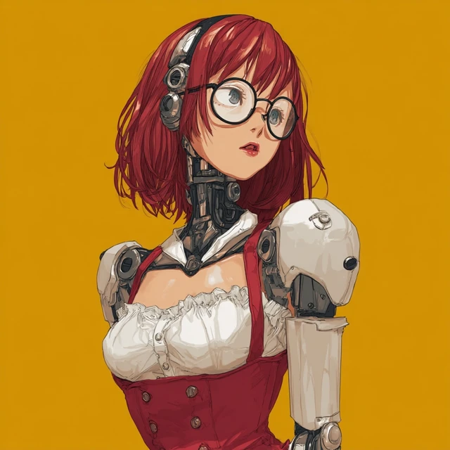 Anime Cyborg Girl Red Hair and Glasses