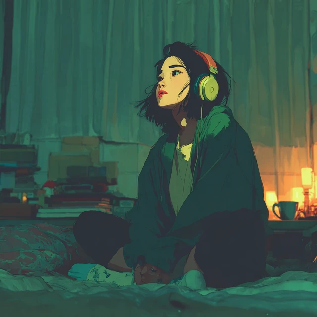 Anime Girl Listening to Music in Her Bedroom
