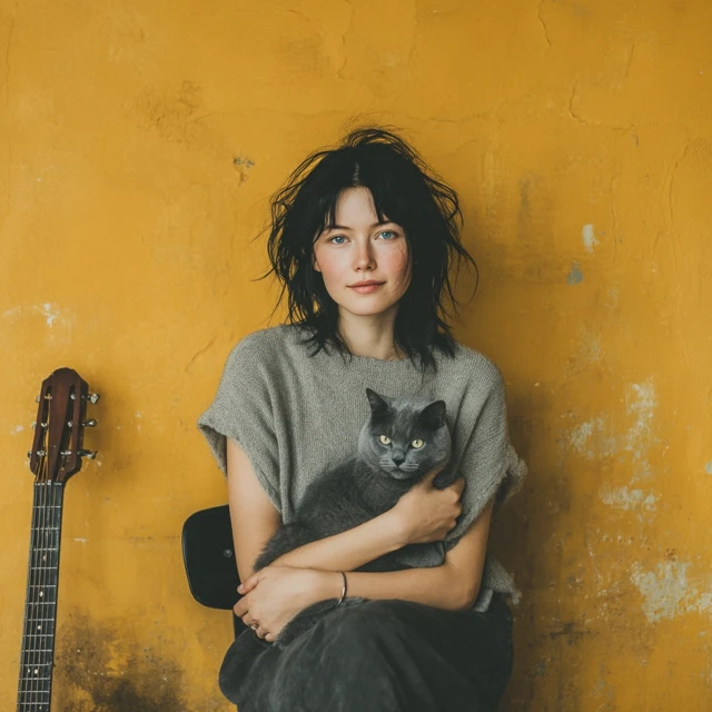 Woman with Cat and Guitar Serene Portrait