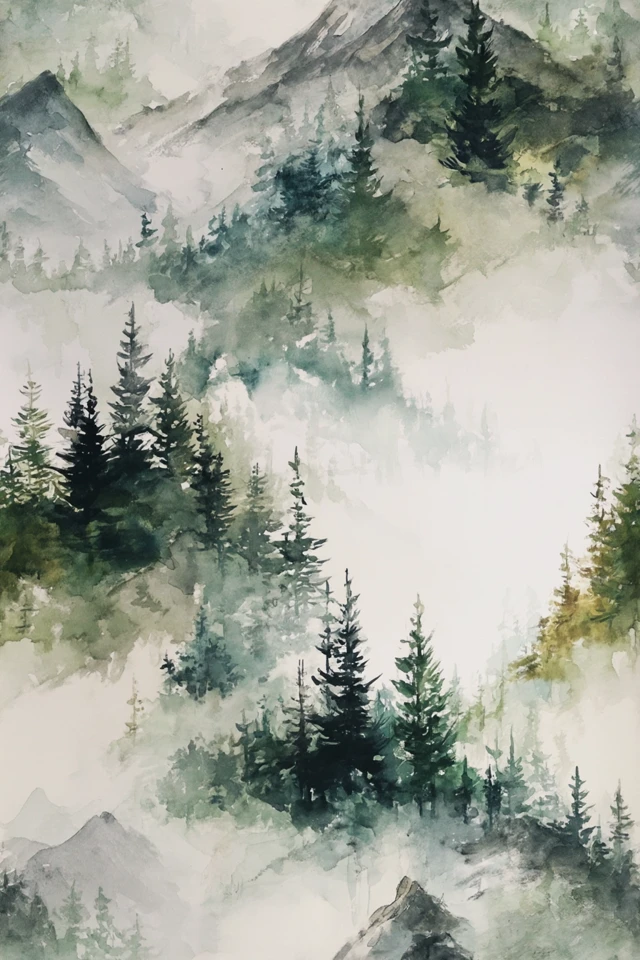 Misty Forest Watercolor Painting Scenery Art