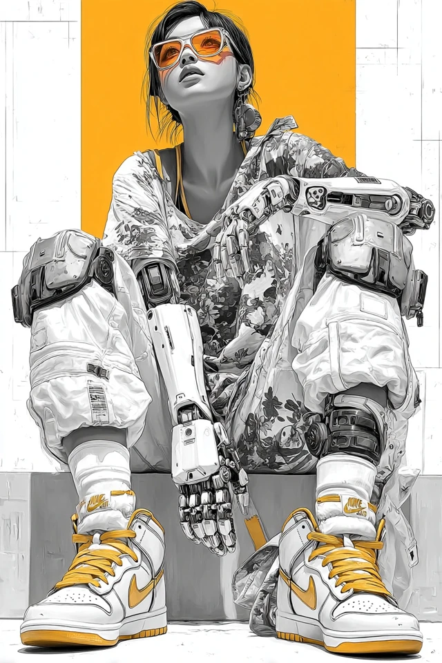 Cyberpunk Japanese Woman with Robotic Arm and Dunks