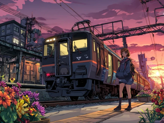 Anime Girl at Train Station Sunset Scene
