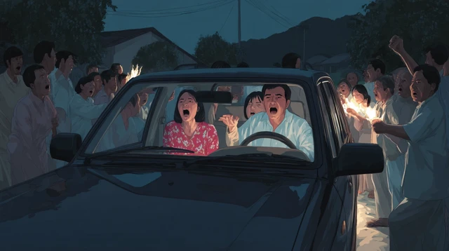 Nighttime Scene Tense Crowd SUV Illustration