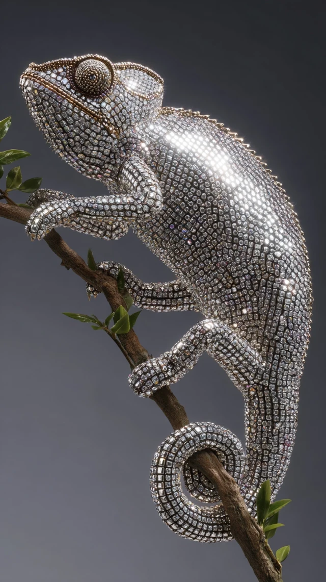 Disco Ball Chameleon Perched on a Branch Ultra Detailed