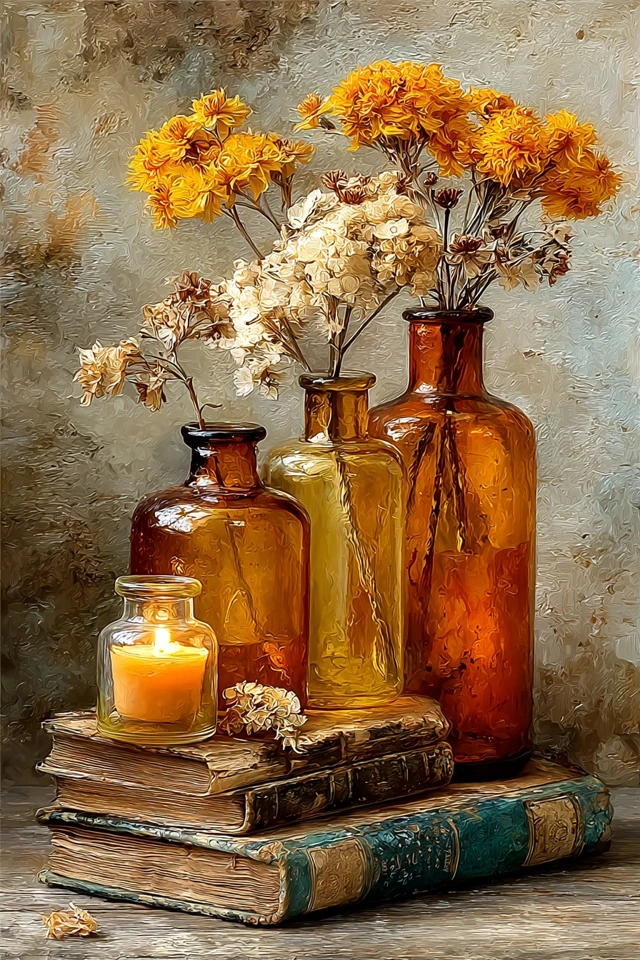Vintage Still Life Oil Painting Amber Glass Bottles