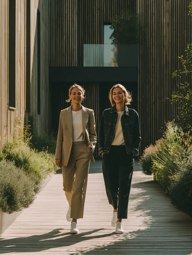 Stylish Women Walking in Courtyard Lifestyle Photo