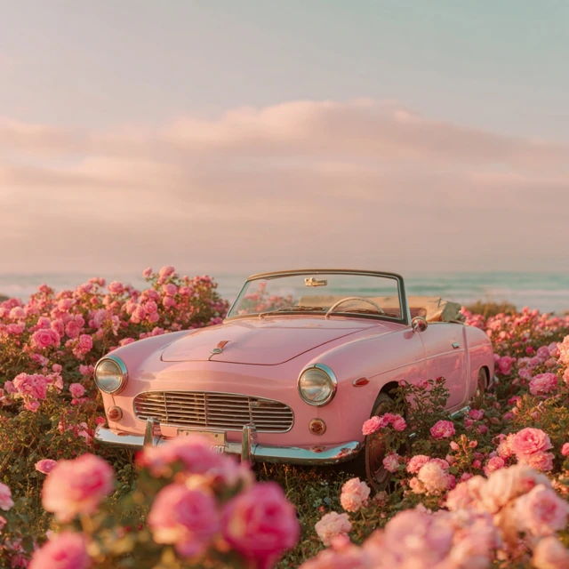 Pink Convertible Car in Roses Dreamy Scene