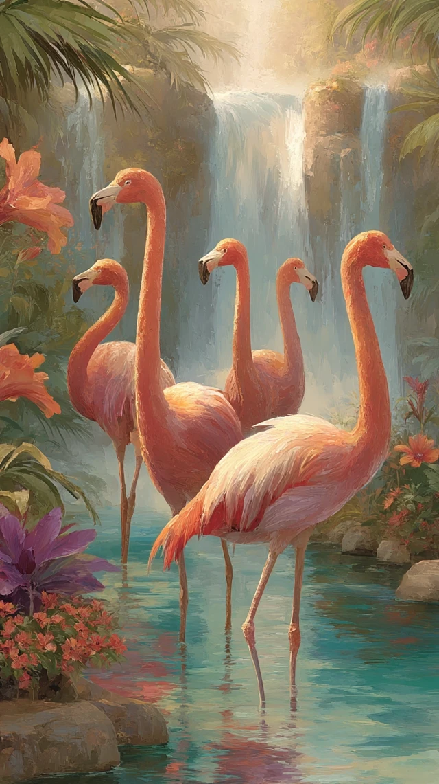 Flamingos Paradise A Serene Waterfall Tropical Scene