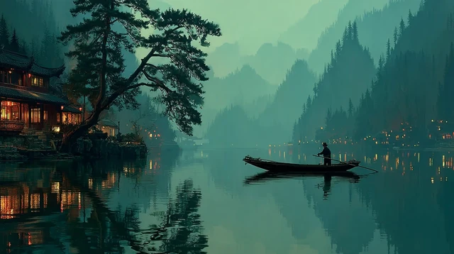 Serene Lake Scene Fisherman Boat Mountain Mist