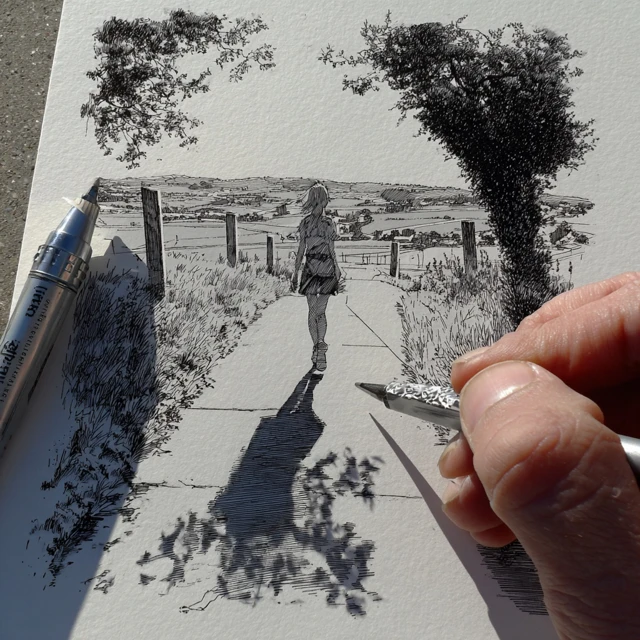Girl Walking on Path Black and White Nature Illustration