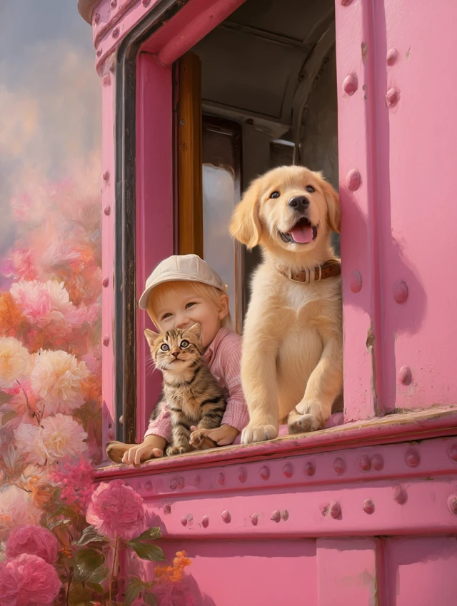 Cute Cat and Golden Retriever in a Pink Train