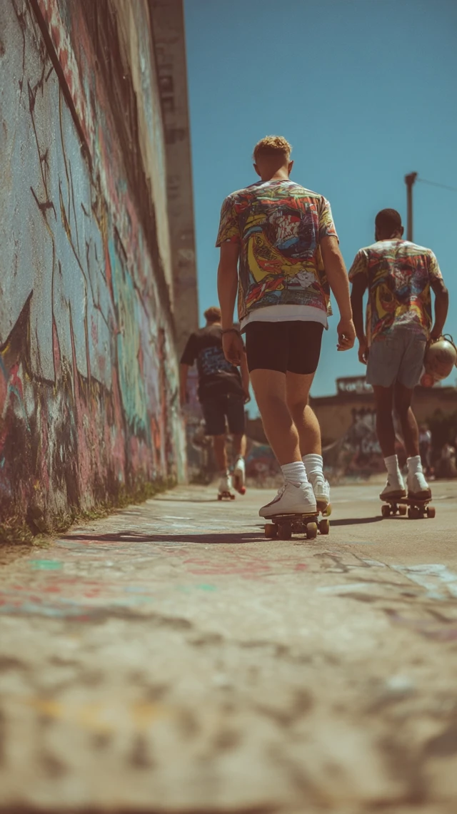 Skateboarding Scene with Graffiti and Harsh Sunlight