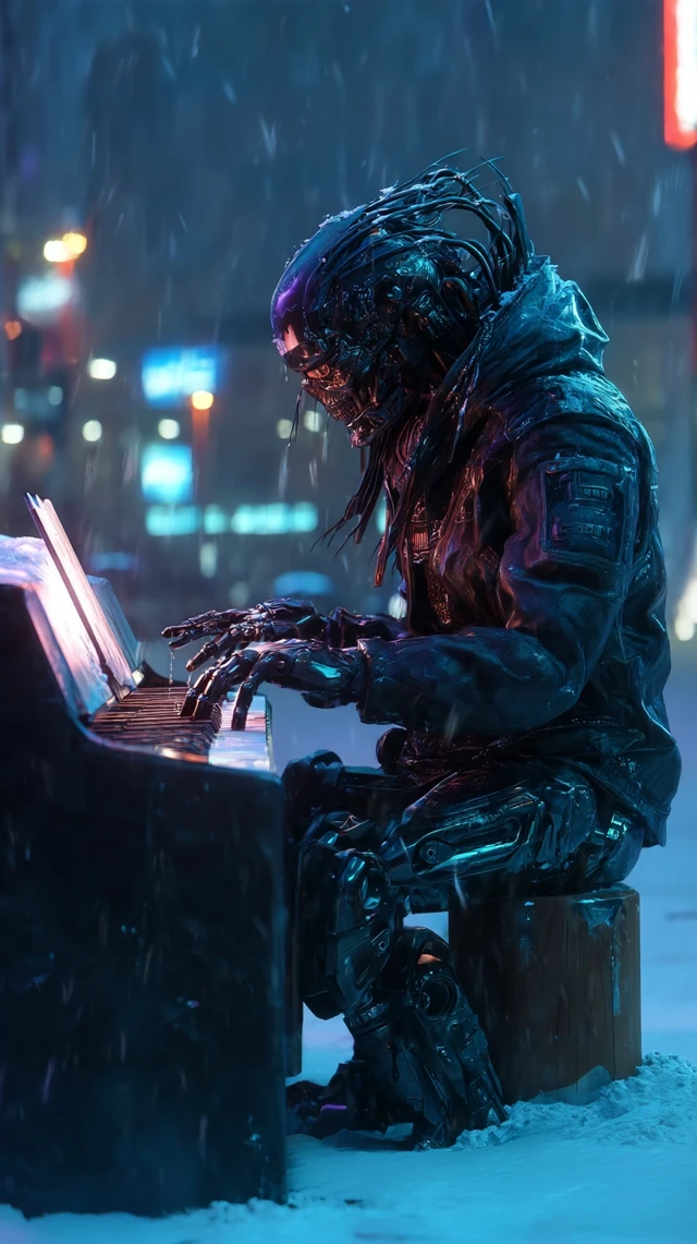 Cyberpunk Mozart Cyborg Plays in Snowy City
