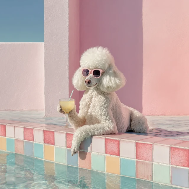 Pink Poodle Poolside with Cocktail Wes Anderson Style