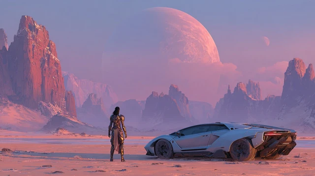 Futuristic Woman on Mars with Sports Car