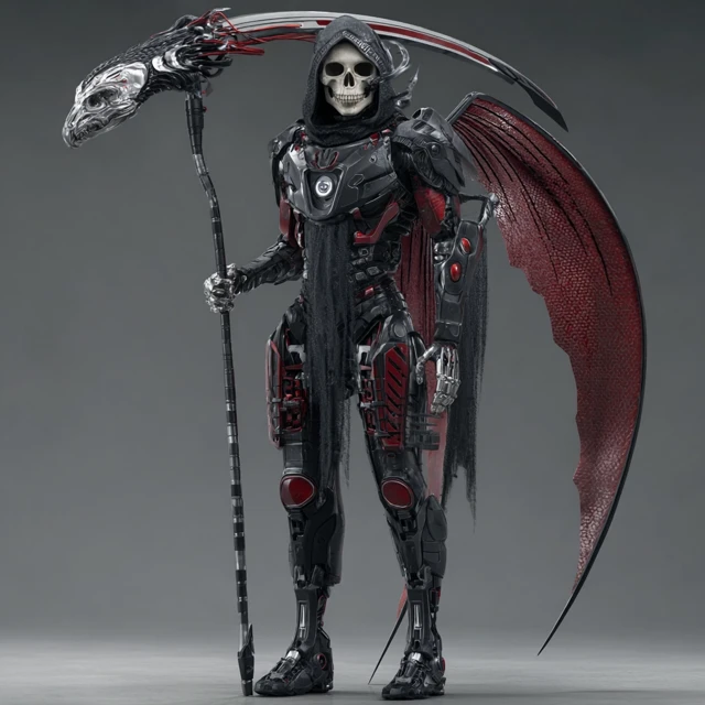 Cyberpunk Grim Reaper with Dragon Wings and Scythe