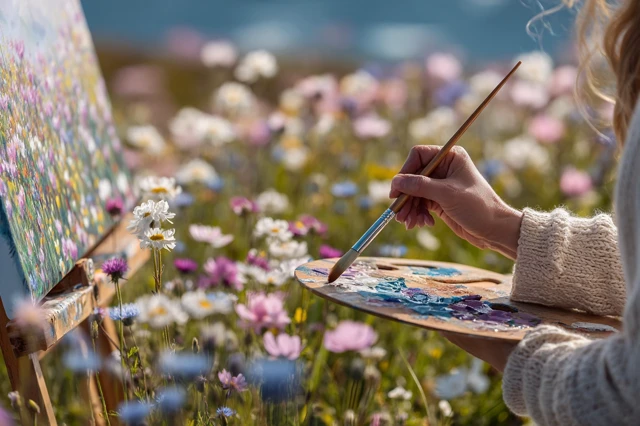 Artist in Summer Meadow Painting Colorful Scene