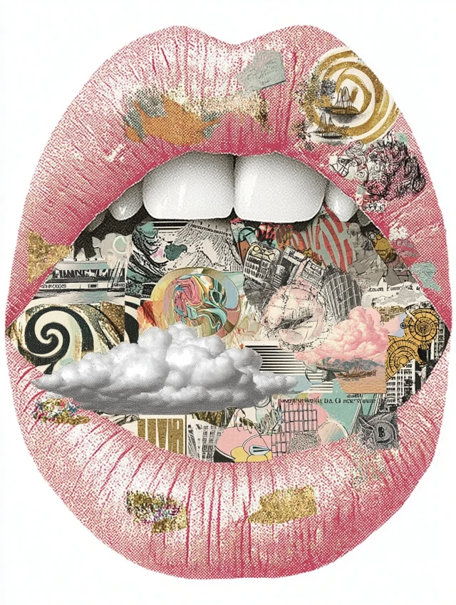 Collage Art: Lips Blowing Miniature Worlds