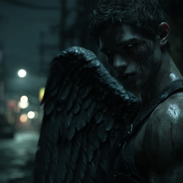 Fallen Angel in City Alley at Night