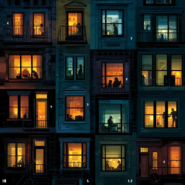 Apartment Facade Night View with Stories in Each Window
