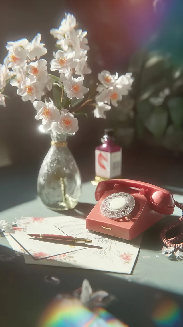 Vintage Desk Still Life with Telephone and Flowers