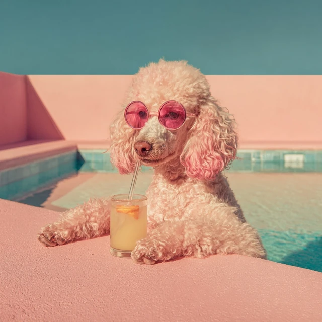 Pink Poodle Poolside with Cocktail Wes Anderson Style