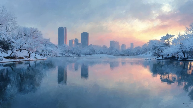Seokchon Lake Seoul Winter Watercolor Painting
