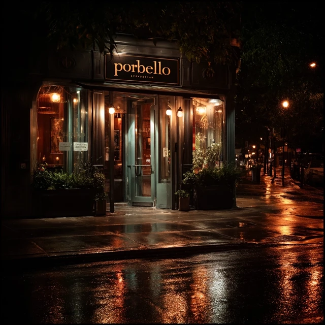 Portobello Restaurant at Night Reflections on Wet Asphalt