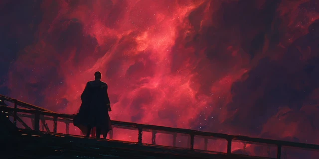 Admiral on Starship Bridge Red Nebula