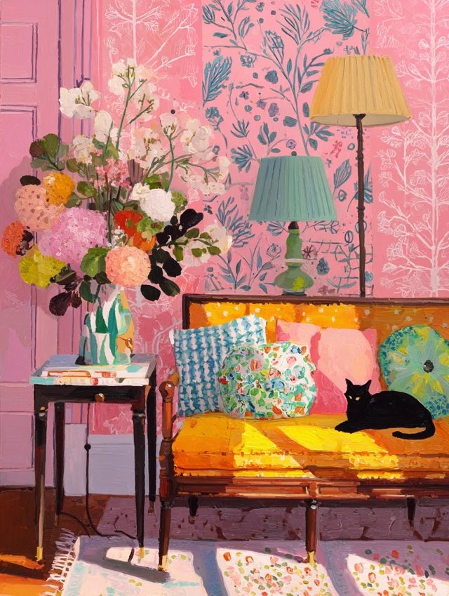 Whimsical Interior Painting by Matisse with Cat