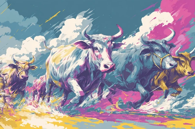 Colorful Cartoon Cows Running Abstract Illustration